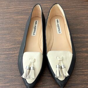 Karl Lagerfeld Black and Cream Tassel Pointed Loafers